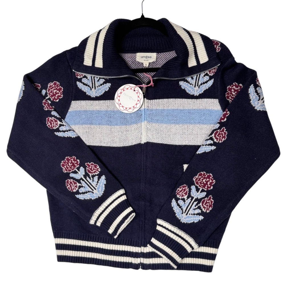 Umgee Knit Zip Up Jacket | NWT | Floral Boho | Midnight Navy | Sizes S M L - Picture 3 of 12